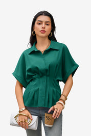 Womens Deep Green Pleated Button-Down Shirt 1