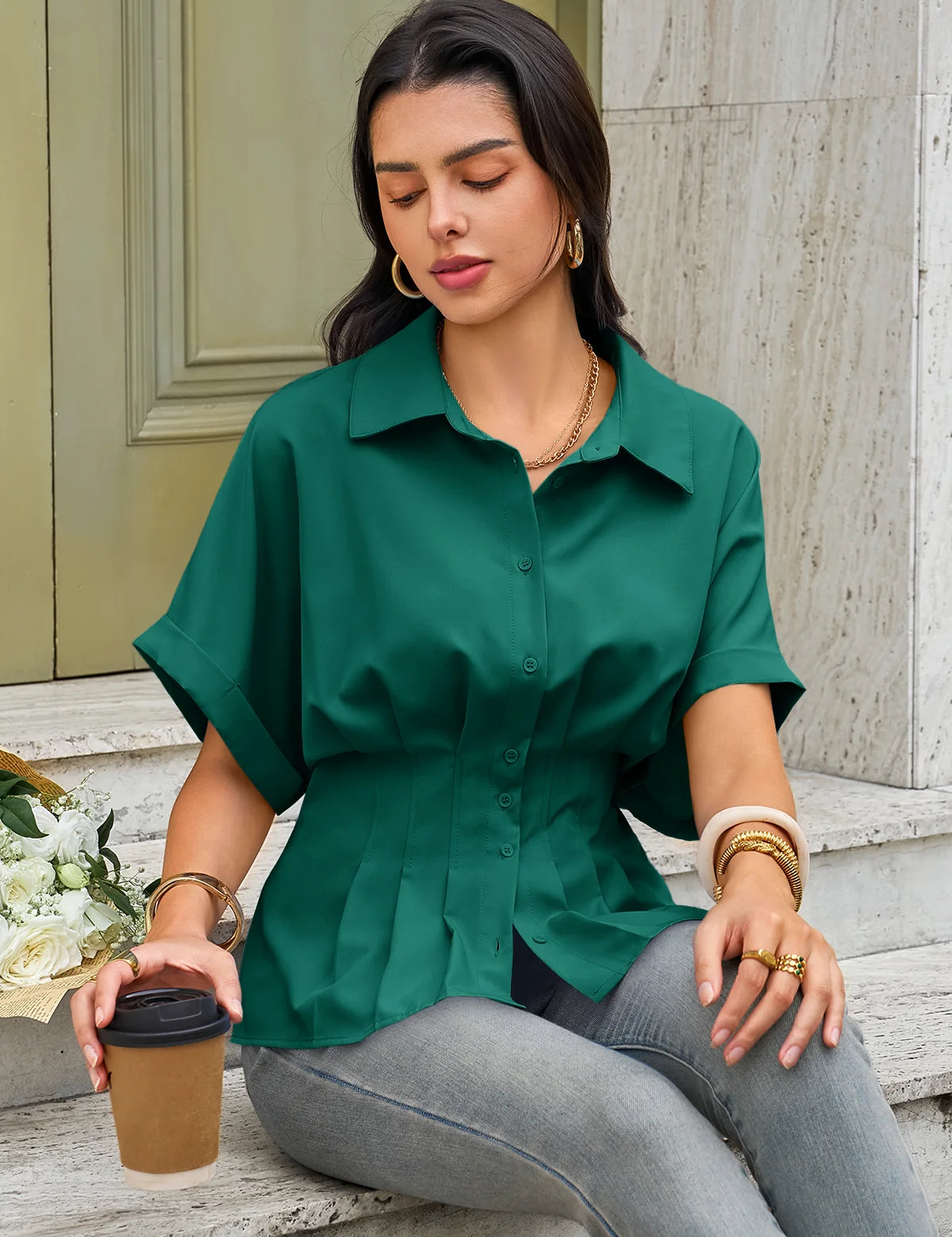 Womens Deep Green Pleated Button-Down Shirt 2
