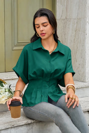 Womens Deep Green Pleated Button-Down Shirt 2
