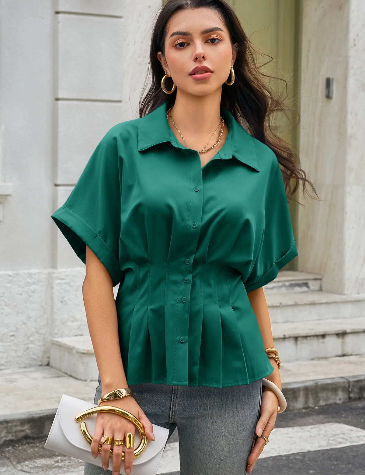 Womens Deep Green Pleated Button-Down Shirt 3
