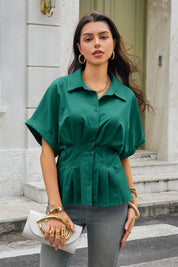 Womens Deep Green Pleated Button-Down Shirt 3