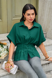 Cicy Bell Womens Deep Green Pleated Button-Down Shirt