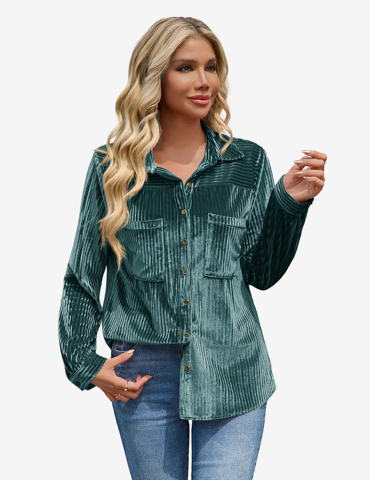 Womens Deep Green Velvet Button Down Shirt 1