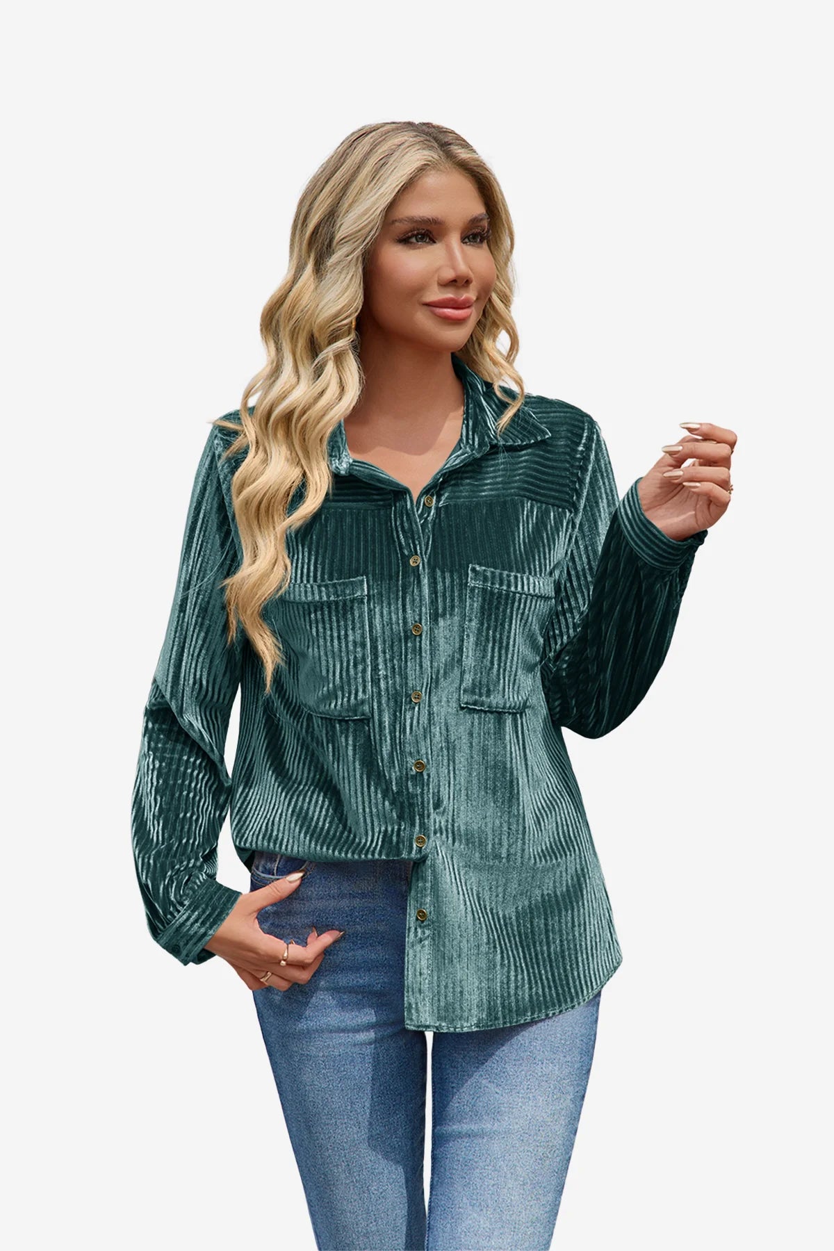 Womens Deep Green Velvet Button Down Shirt 1