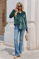 Womens Deep Green Velvet Button Down Shirt 2
