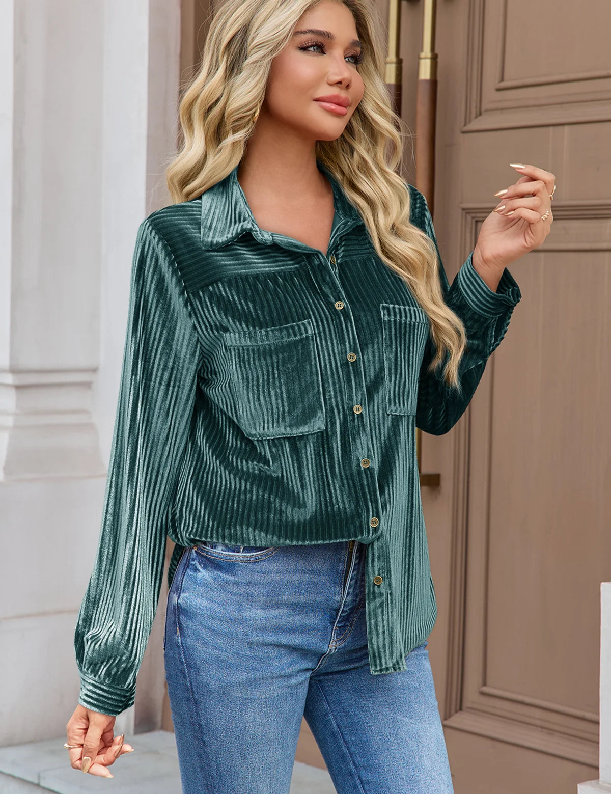 Womens Deep Green Velvet Button Down Shirt 3