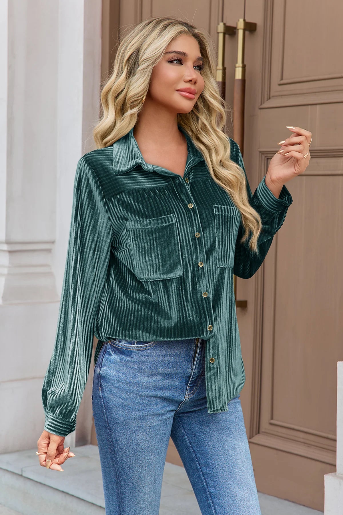 Womens Deep Green Velvet Button Down Shirt 3