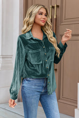 Womens Deep Green Velvet Button Down Shirt 3