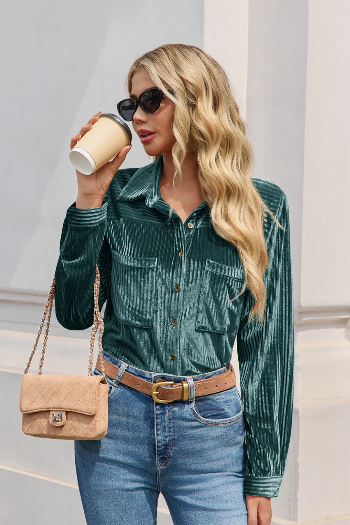 Womens Deep Green Velvet Button Down Shirt | CicyBell