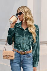 Womens Deep Green Velvet Button Down Shirt | CicyBell