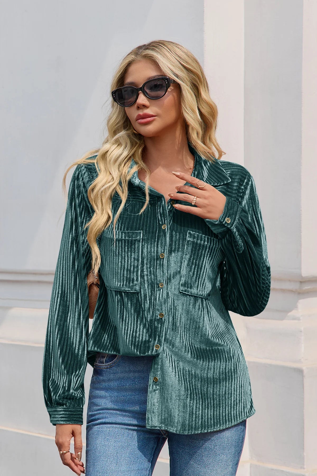 Womens Deep Green Velvet Button Down Shirt | CicyBell