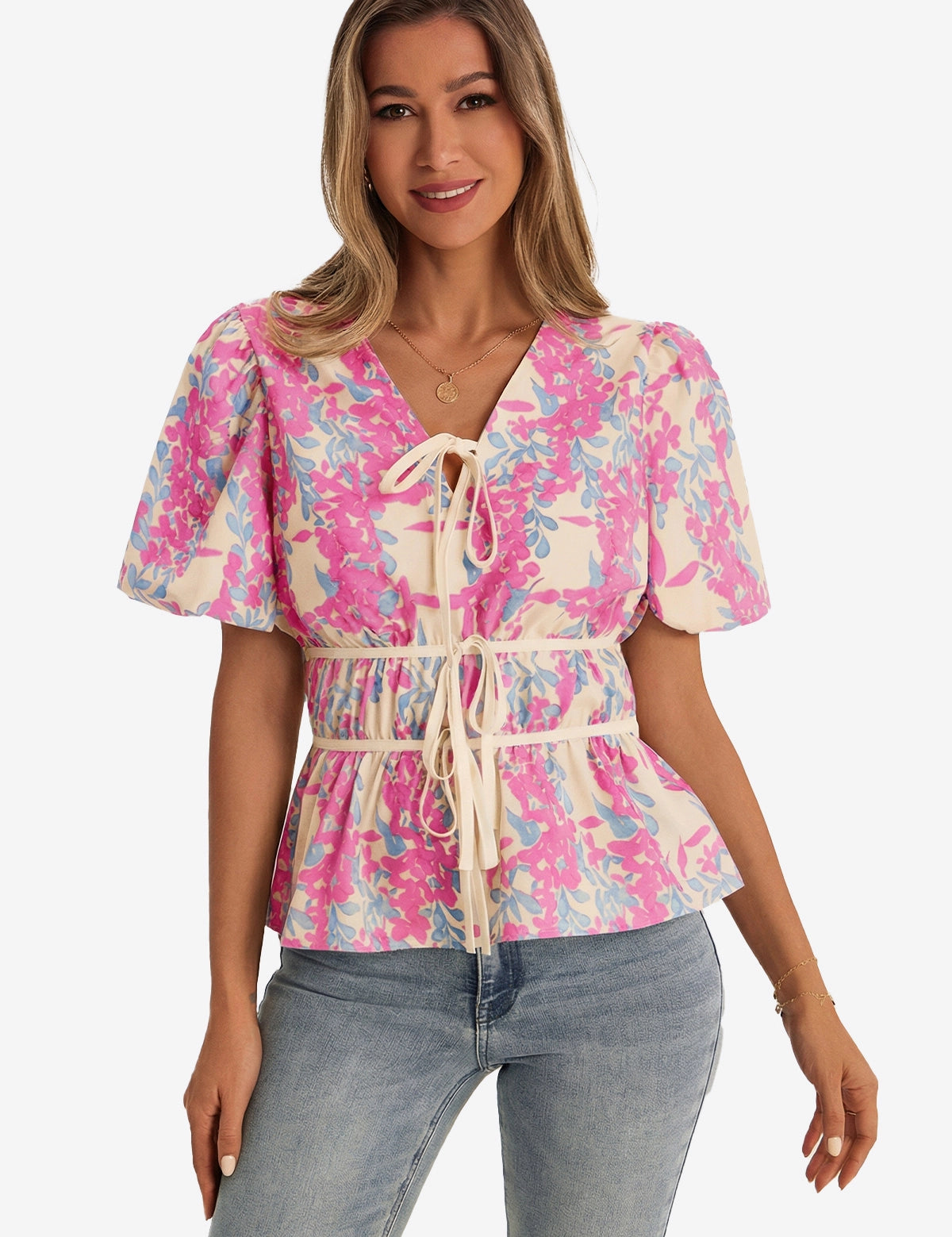 Womens Fuchsia Puff Sleeve Floral Print Blouses 1