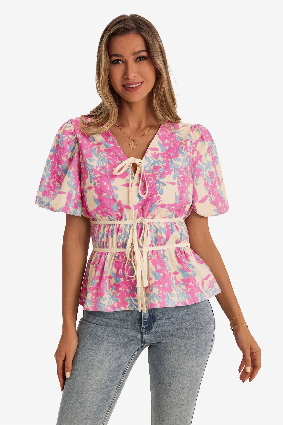 Womens Fuchsia Puff Sleeve Floral Print Blouses 1