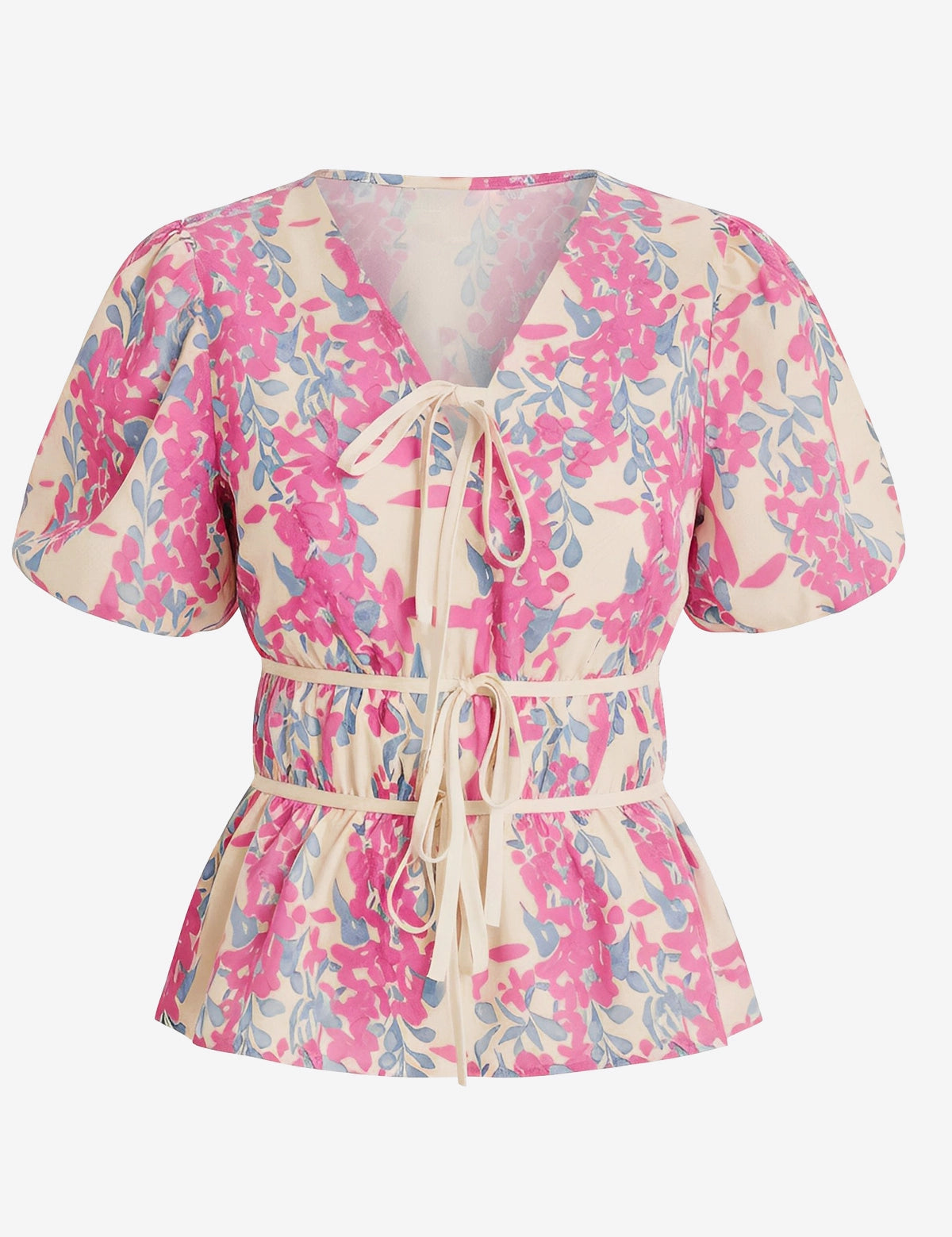 Womens Fuchsia Puff Sleeve Floral Print Blouses 2