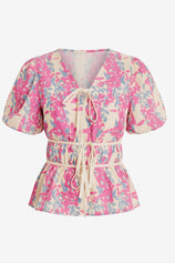 Womens Fuchsia Puff Sleeve Floral Print Blouses 2