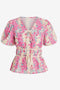 Womens Fuchsia Puff Sleeve Floral Print Blouses 2