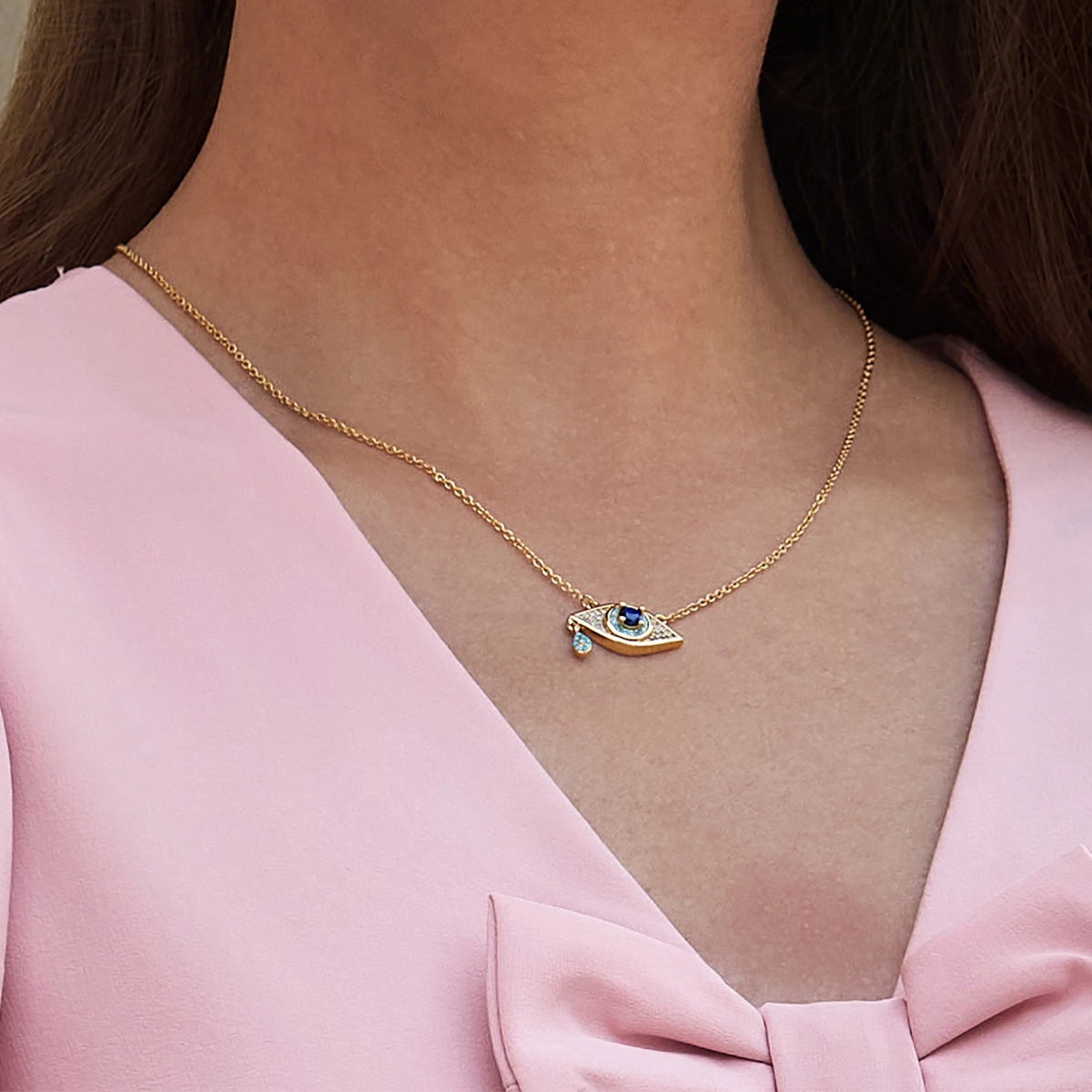 Womens Yellow Gold Evil Eye Necklace 1