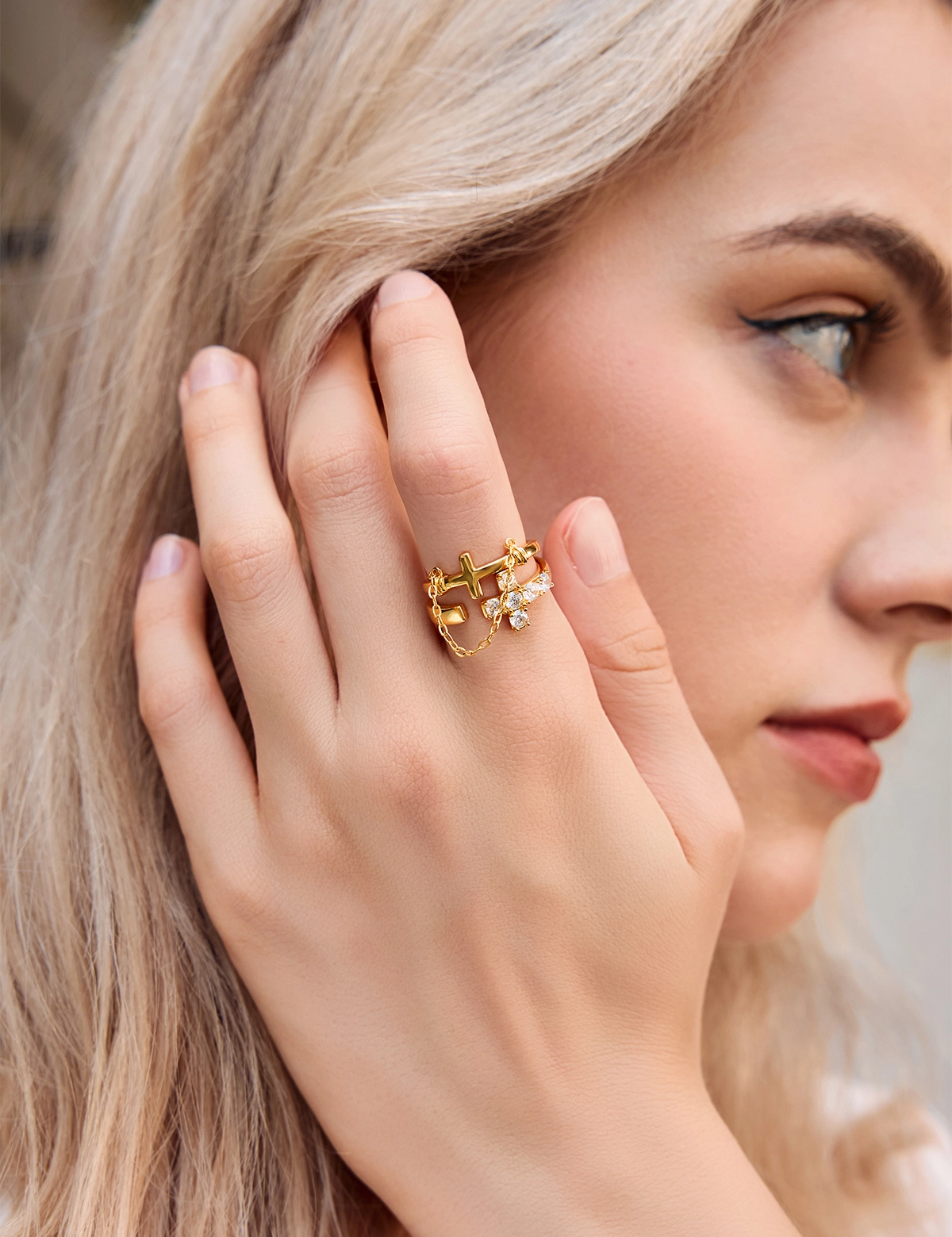 Womens Gold Double Cross Rings 1