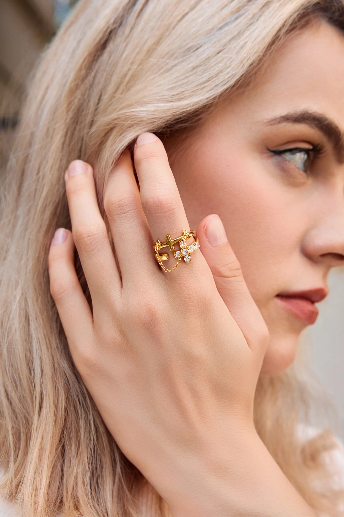 Womens Gold Double Cross Rings 1