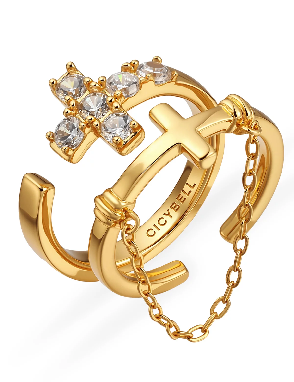 Womens Gold Double Cross Rings 3