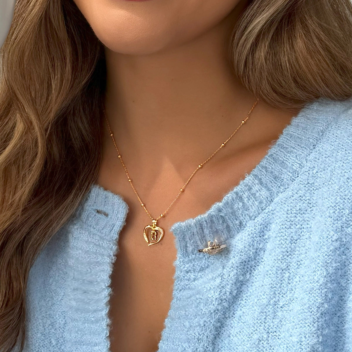 Womens Gold Heart Initial Letter B Necklace  1
