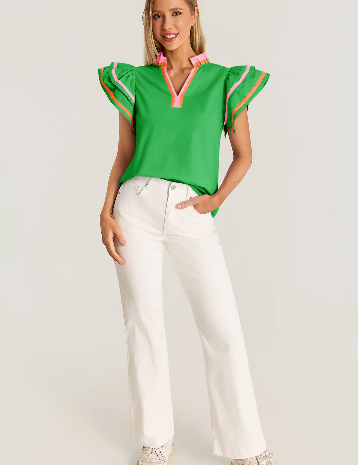 Womens Green Color Block Blouses 2