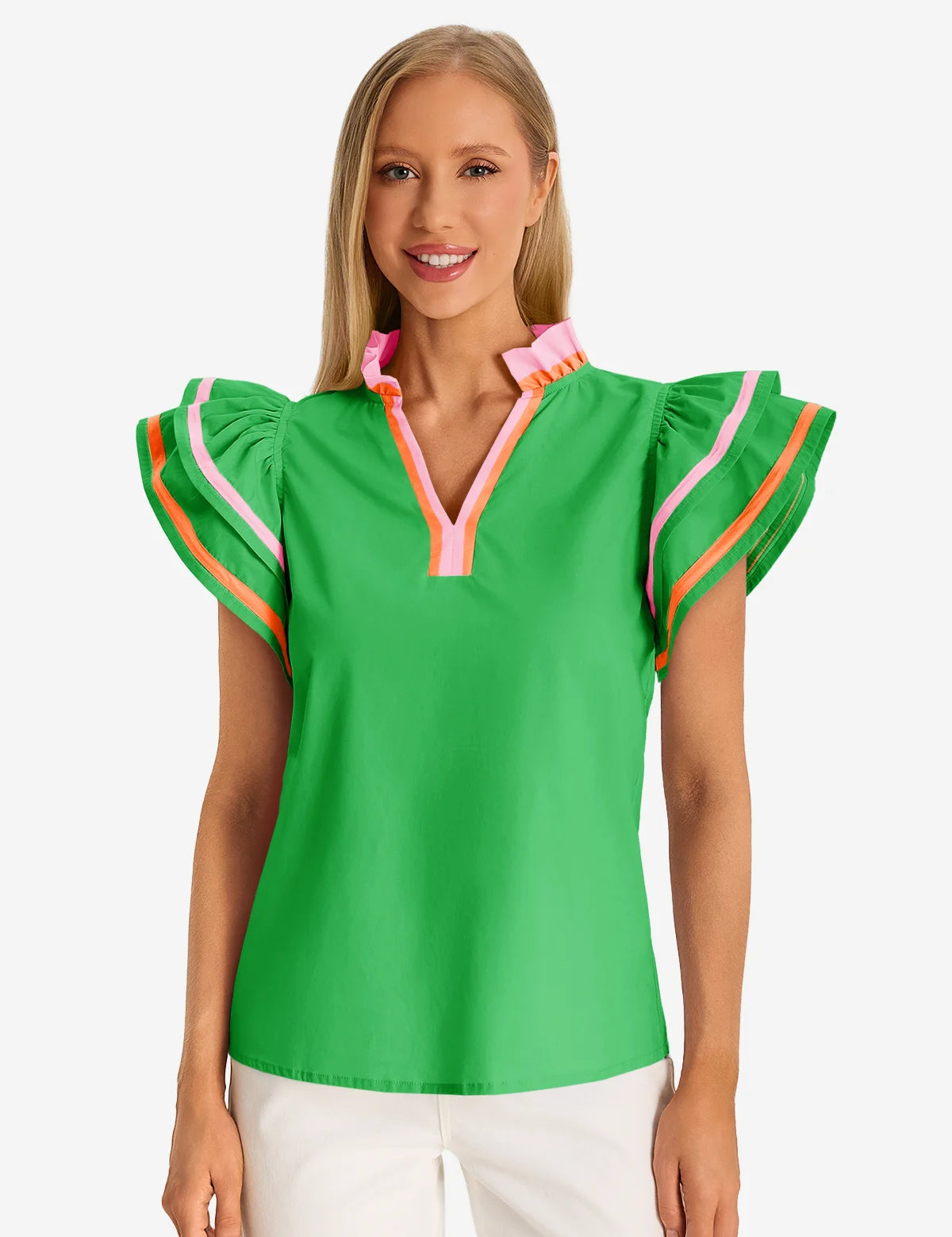 Womens Green Color Block Blouses 1