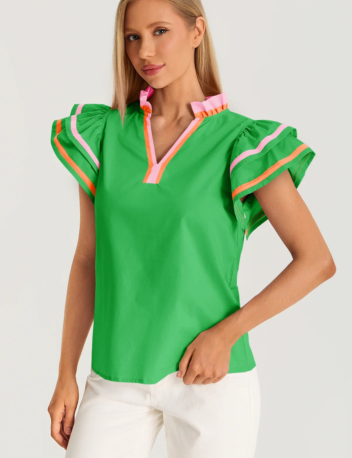 Womens Green Color Block Blouses 3