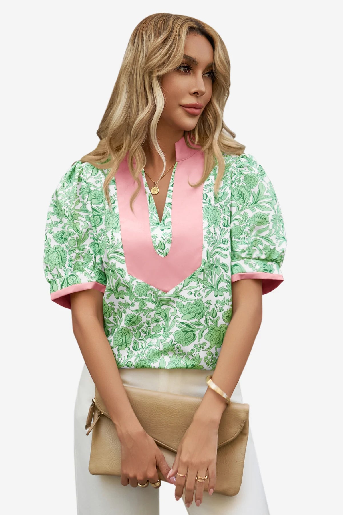 Womens Green Puff Sleeve Blouses 1