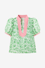 Cicy Bell womens green floral puff sleeve blouse with pink patchwork V-neck