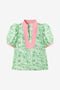 Cicy Bell womens green floral puff sleeve blouse with pink patchwork V-neck