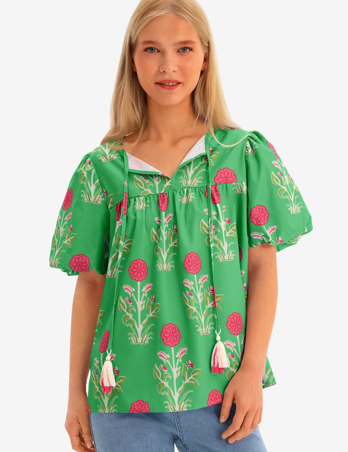 Womens Green Boho Floral Blouses 1