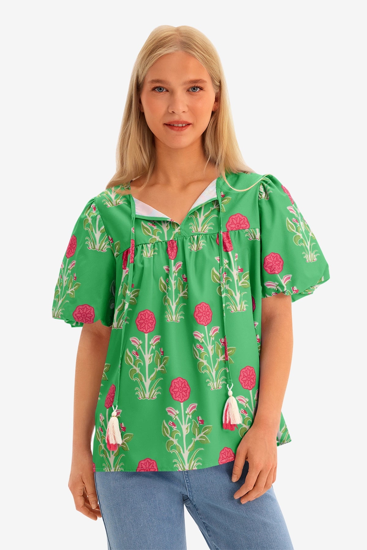 Womens Green Boho Floral Blouses 1