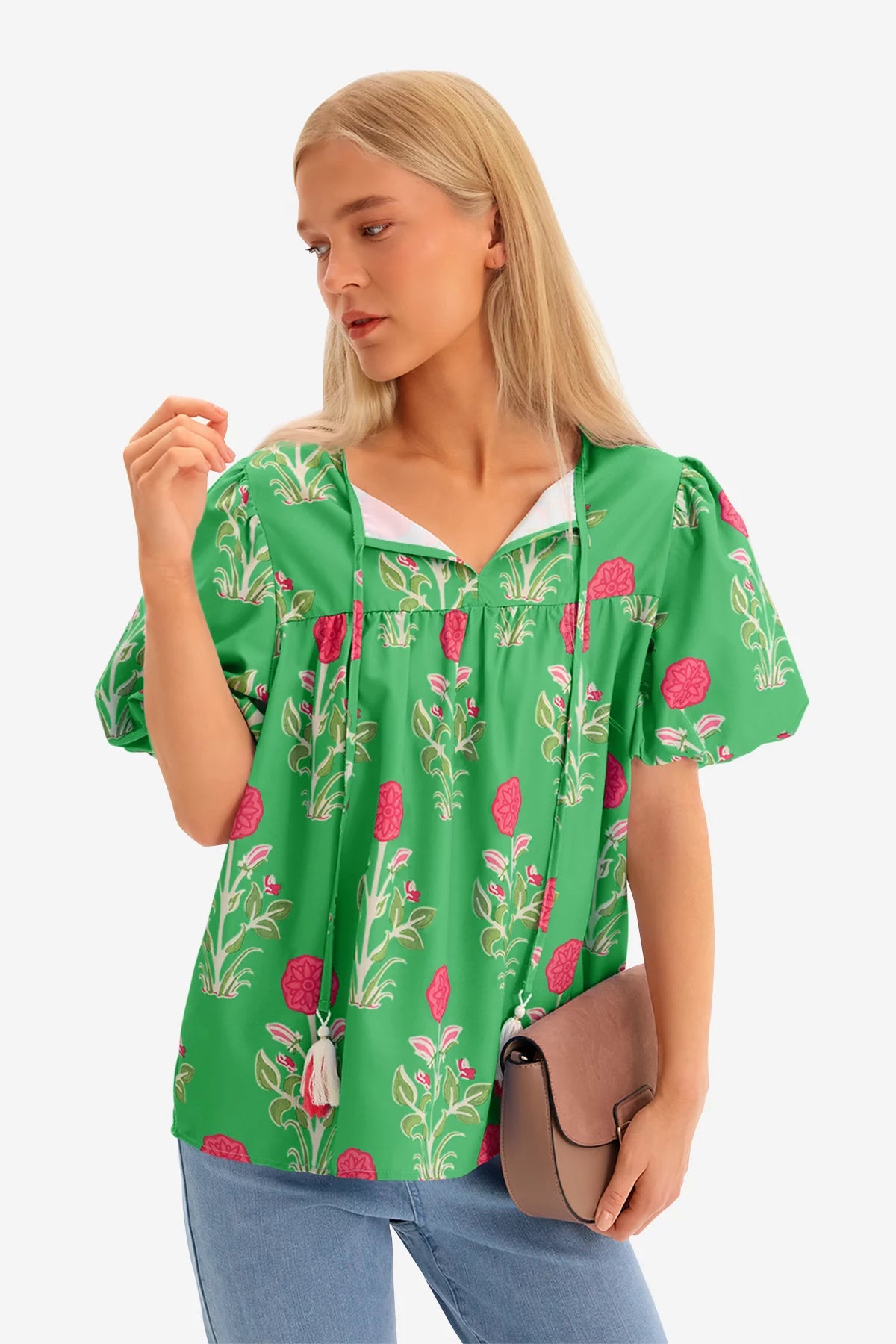 Womens Green Boho Floral Blouses 3