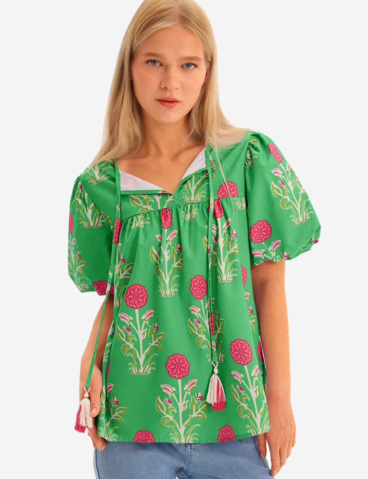 Womens Green Boho Floral Blouses 2