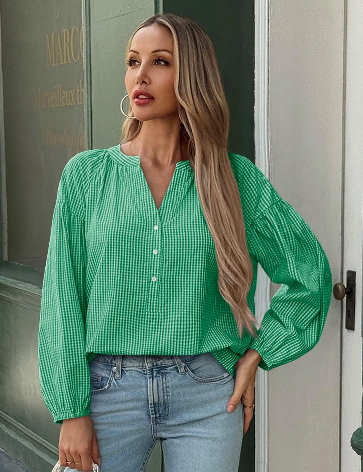 Womens Green Puff Long Sleeve Blouse 1