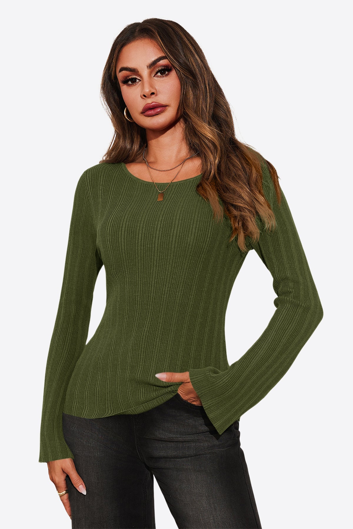Womens Green Long Sleeve Knit Tops 1