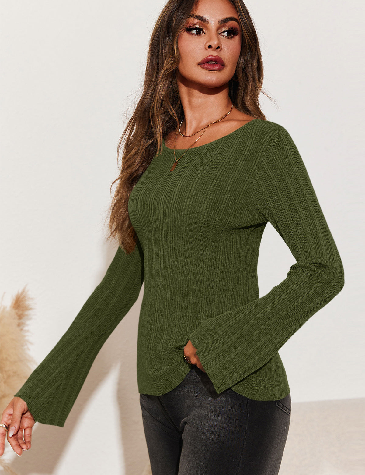 Womens Green Long Sleeve Knit Tops 2