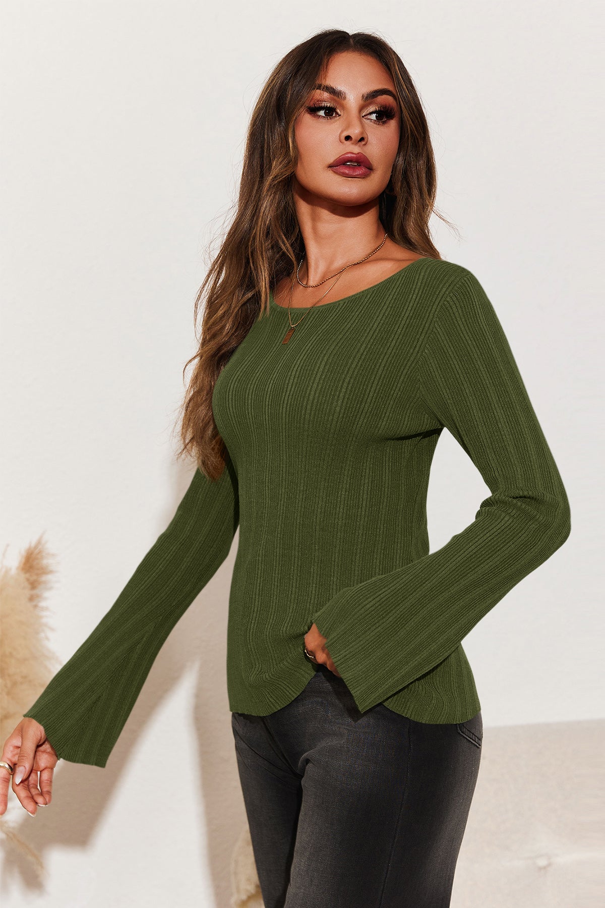 Womens Green Long Sleeve Knit Tops 2