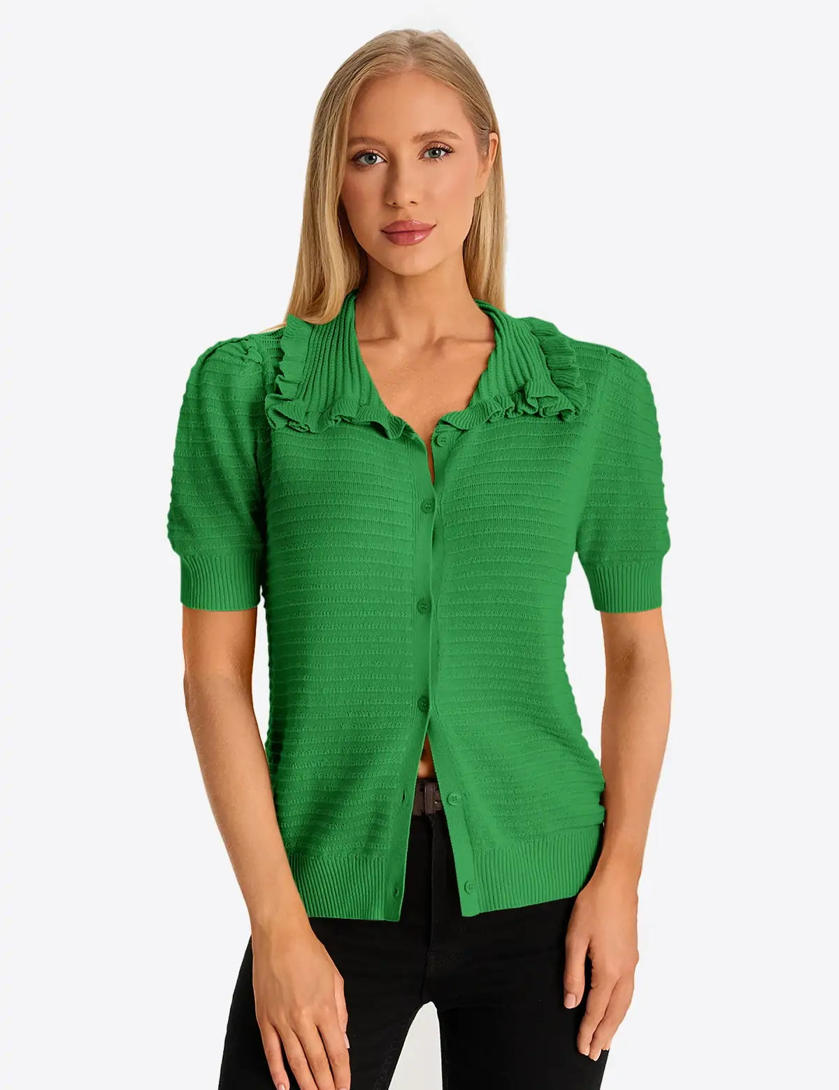 Green Ruffle Peter Pan Collar Cardigan Sweater 1