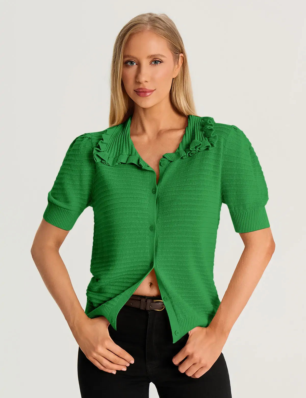 Green Ruffle Peter Pan Collar Cardigan Sweater 2