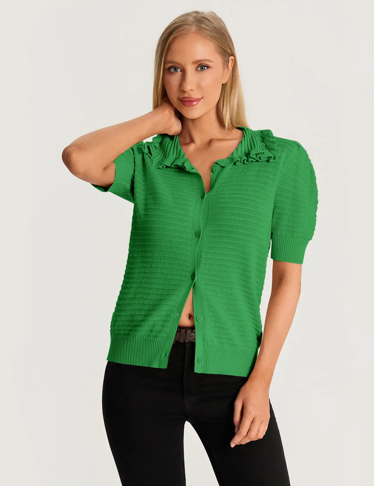 Green Ruffle Peter Pan Collar Cardigan Sweater 3