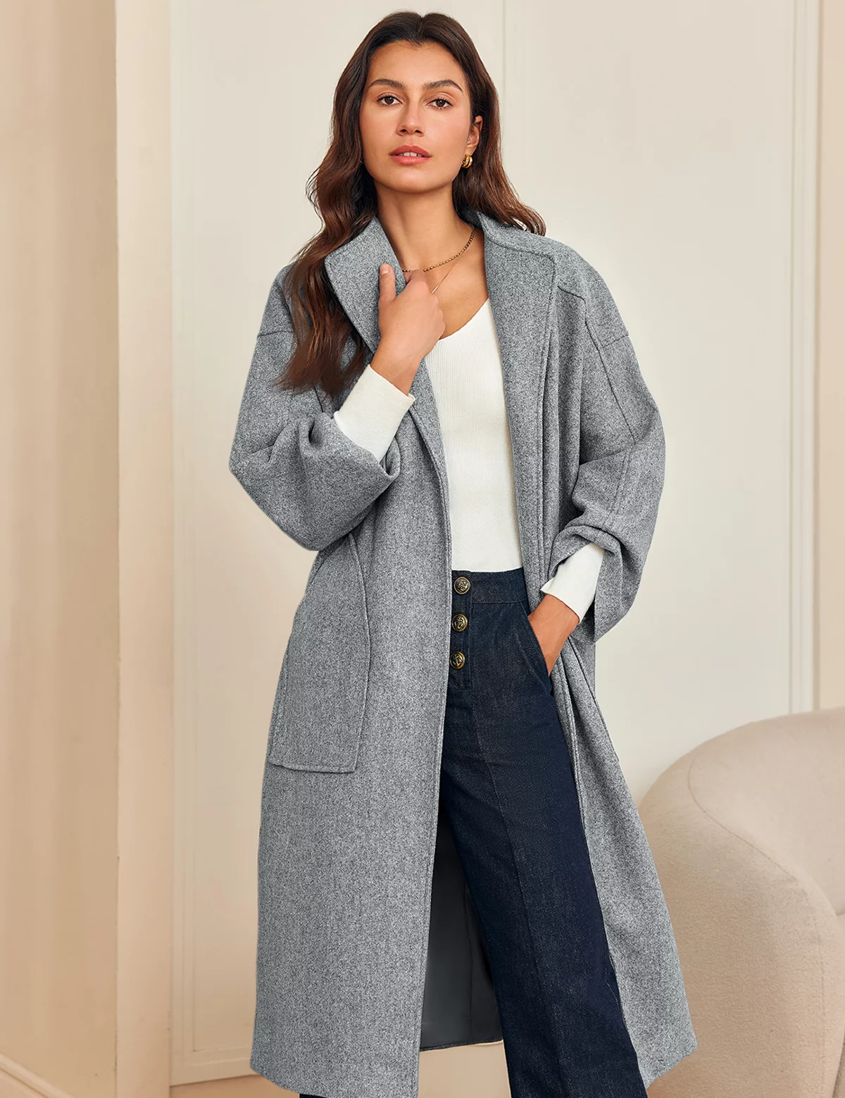 Womens Grey Long Pea Coats 3