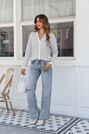 Womens Grey  Lace V Neck Sweaters 2