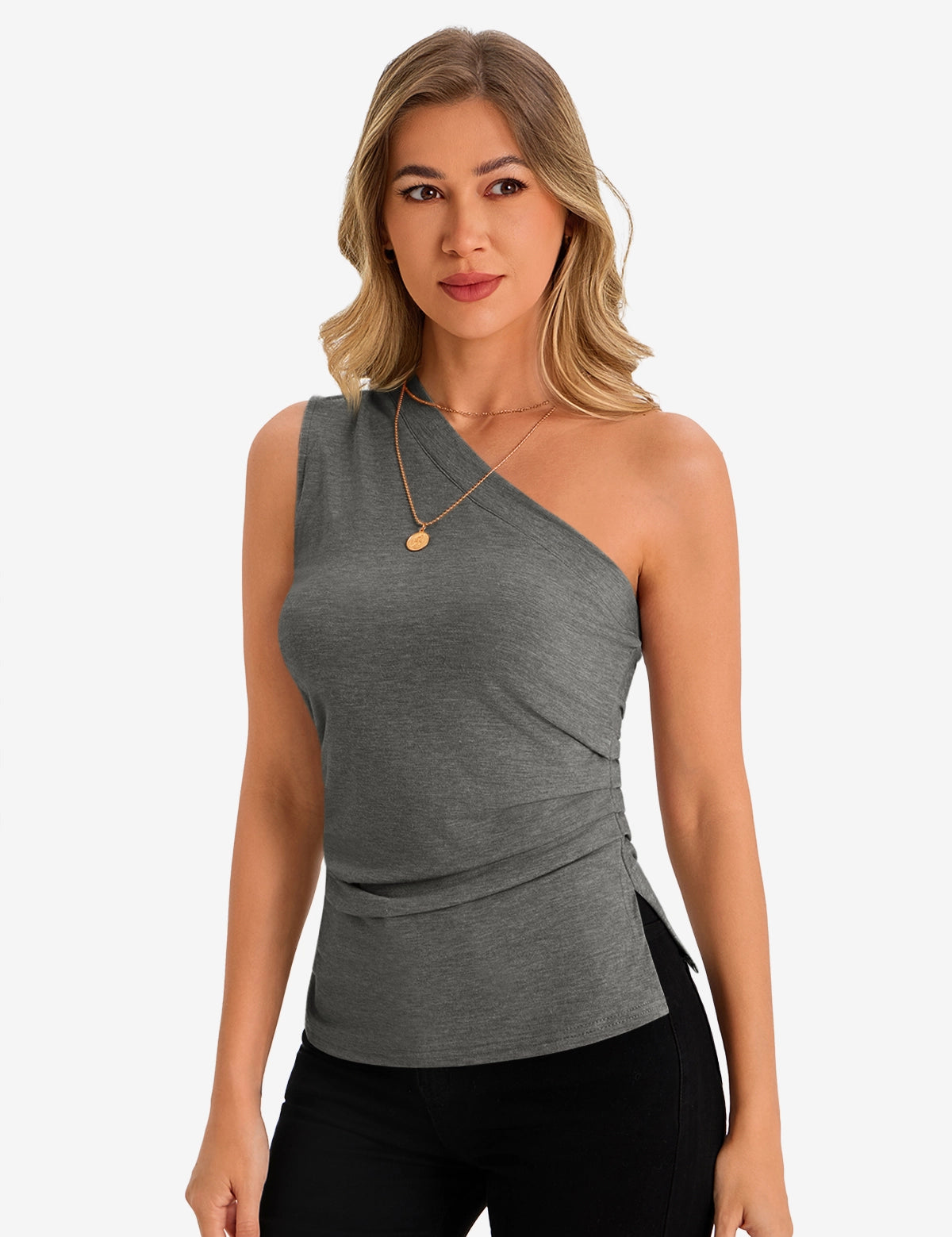 Womens Grey One Shoulder Tank Tops 1