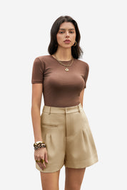 Womens Khaki Wide Leg Dressy Shorts 1