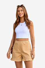 Womens Khaki Summer Ruffle Shorts 1