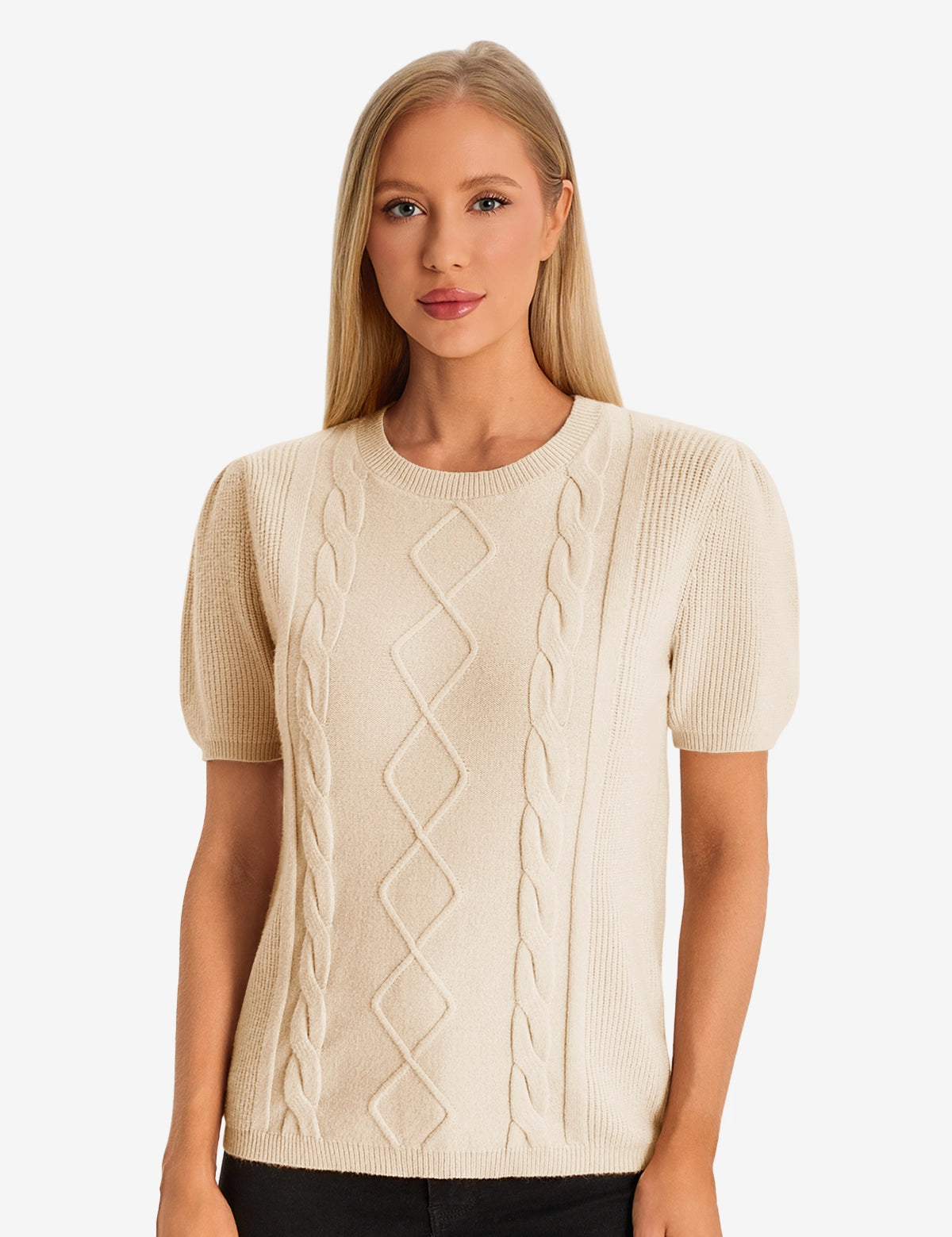 Womens Khaki Puff Short Sleeve Sweater 1