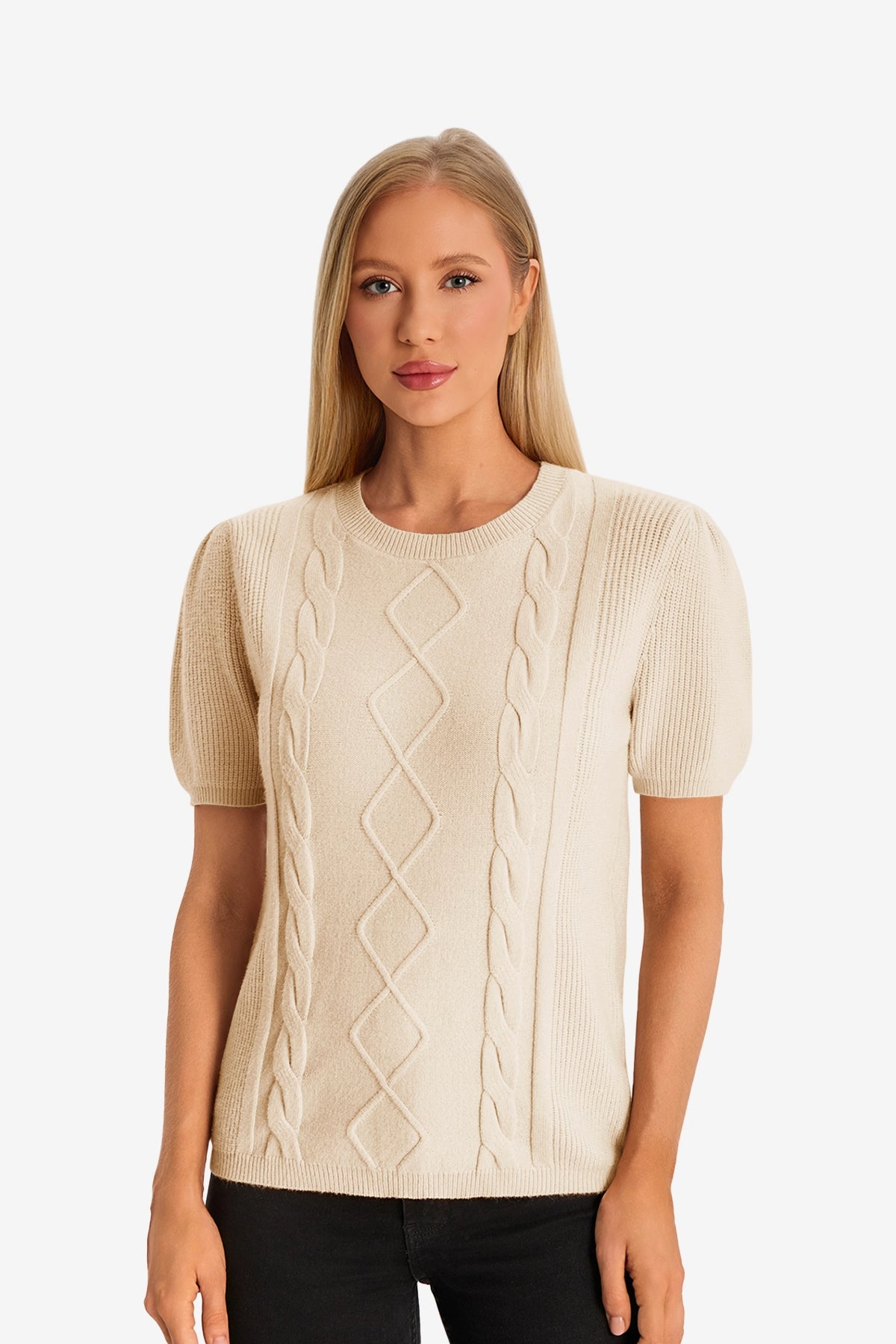 Womens Khaki Puff Short Sleeve Sweater 1