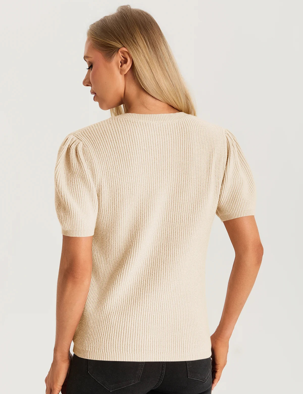 Womens Khaki Puff Short Sleeve Sweater 2